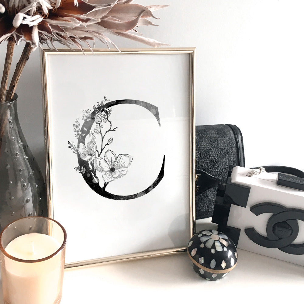 Custom Personalised Floral Watercolour B&W Initial - Art Print, Poster, Stretched Canvas or Framed Wall Art, shown framed in a room