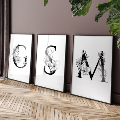Custom Personalised Floral Watercolour B&W Initial - Art Print, Poster, Stretched Canvas, or Framed Wall Art Print, shown as a stretched canvas or poster without a frame