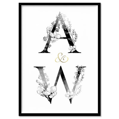 Custom Personalised Floral Watercolour Initials - Art Print, Poster, Stretched Canvas, or Framed Wall Art Print, shown in a natural timber frame