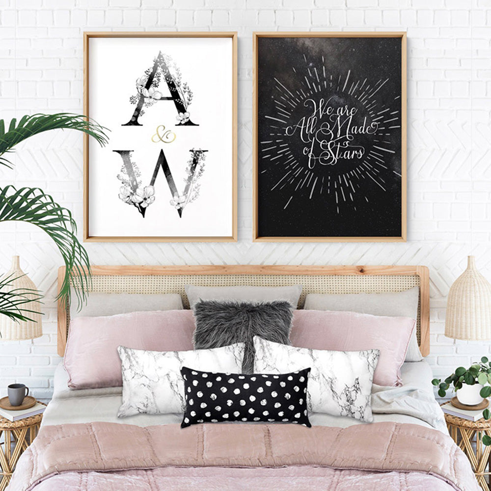 Custom Personalised Floral Watercolour Initials - Art Print, Poster, Stretched Canvas, or Framed Wall Art Print, shown as a stretched canvas or poster without a frame