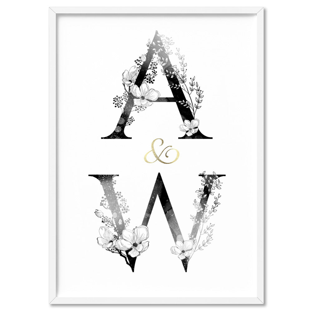 Custom Personalised Floral Watercolour Initials - Art Print, Poster, Stretched Canvas, or Framed Wall Art Print, shown in a white frame