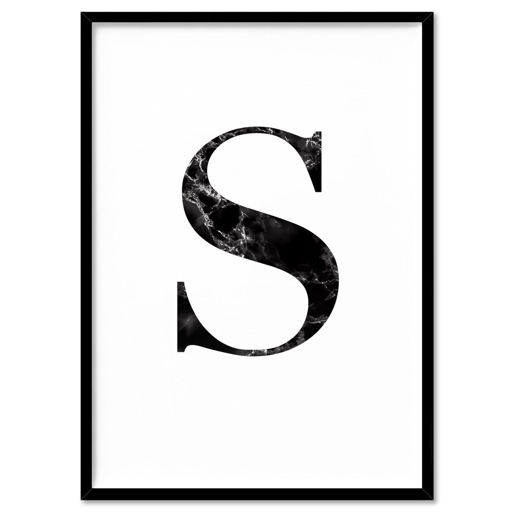 Custom Personalised Black Marble Initial - Art Print, Poster, Stretched Canvas, or Framed Wall Art Print, shown in a natural timber frame