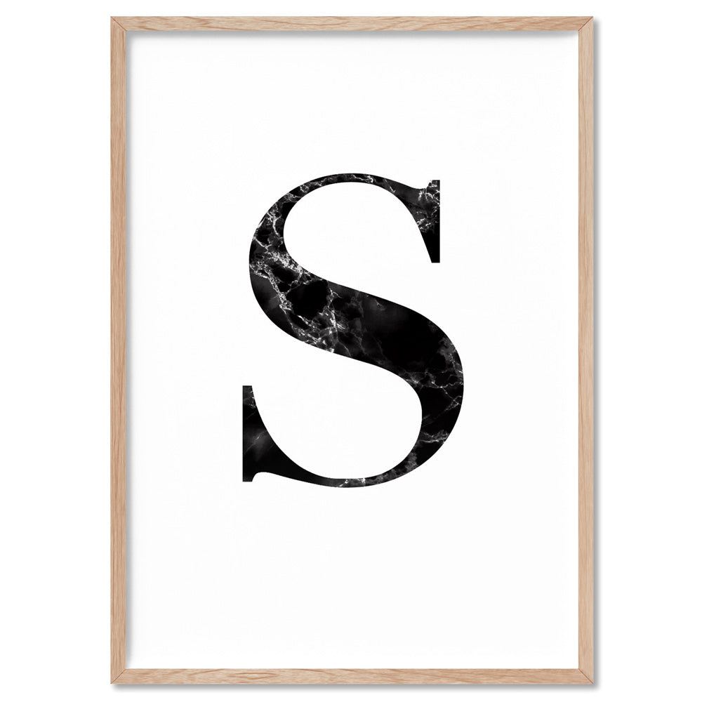 Custom Personalised Black Marble Initial - Art Print, Poster, Stretched Canvas or Framed Wall Art, shown framed in a home interior space