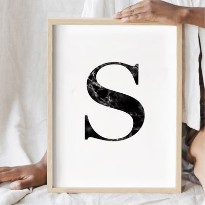 Custom Personalised Black Marble Initial - Art Print, Poster, Stretched Canvas or Framed Wall Art, shown framed in a room