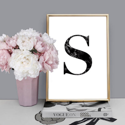 Custom Personalised Black Marble Initial - Art Print, Poster, Stretched Canvas or Framed Wall Art, shown framed in a room