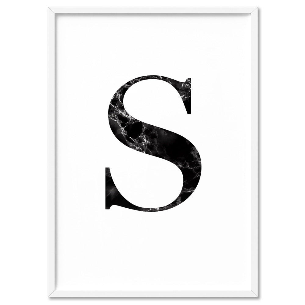 Custom Personalised Black Marble Initial - Art Print, Poster, Stretched Canvas, or Framed Wall Art Print, shown in a white frame