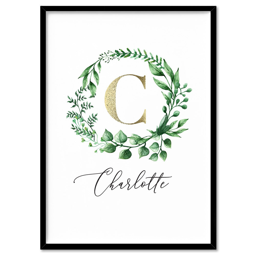Custom Kids / Baby Initial & Name, in Natural Wreath (faux look foil) - Art Print, Poster, Stretched Canvas, or Framed Wall Art Print, shown in a natural timber frame