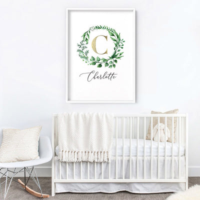 Custom Kids / Baby Initial & Name, in Natural Wreath (faux look foil) - Art Print, Poster, Stretched Canvas or Framed Wall Art, shown framed in a room