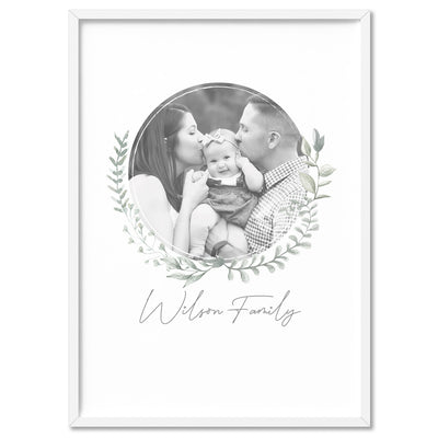 Custom Family Photo & Name Design - Art Print, Poster, Stretched Canvas, or Framed Wall Art Print, shown in a white frame