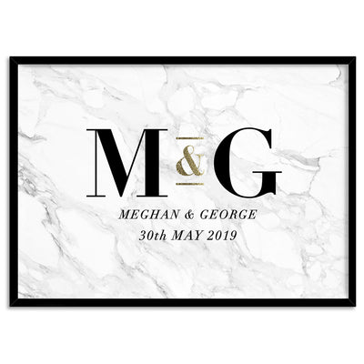 Custom Couple Initials. Monogram Marble Design - Art Print, Poster, Stretched Canvas, or Framed Wall Art Print, shown in a natural timber frame