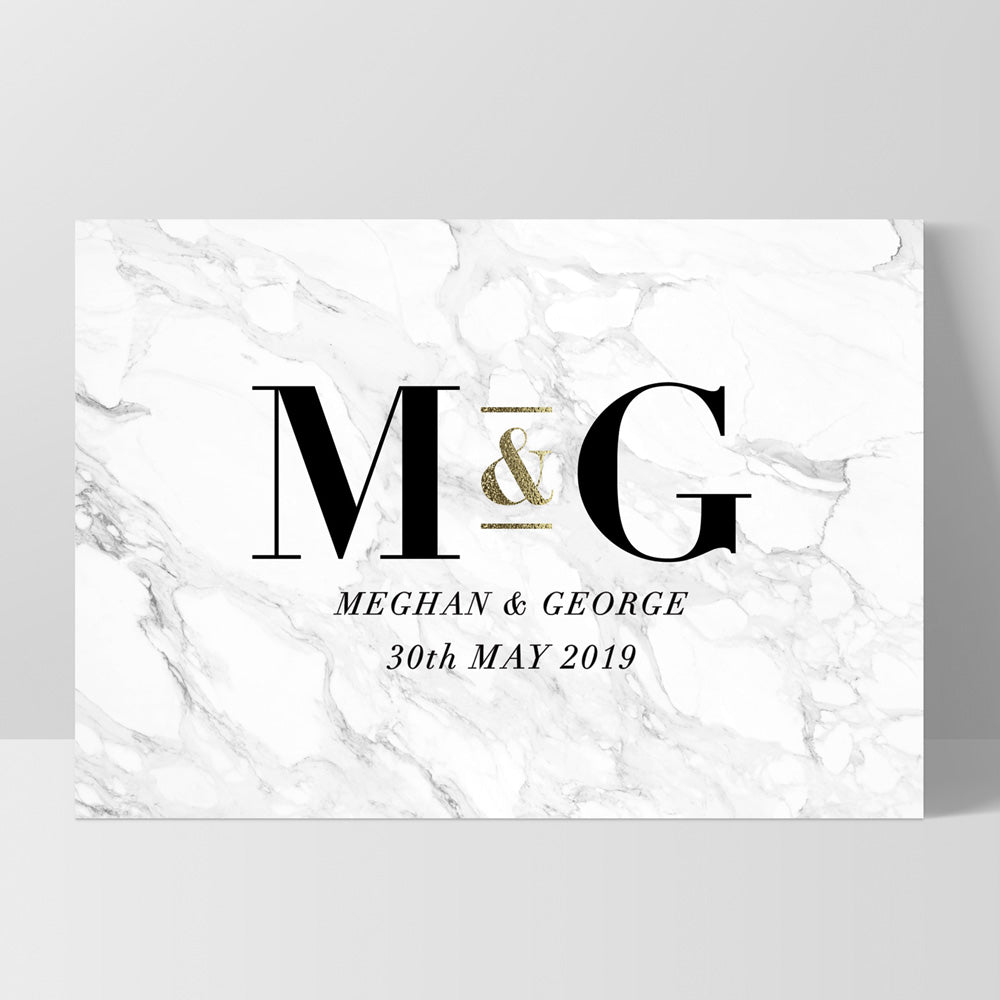 Custom Couple Initials. Monogram Marble Design - Art Print, Poster, Stretched Canvas, or Framed Wall Art Print, shown in a black frame