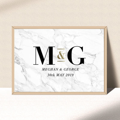 Custom Couple Initials. Monogram Marble Design - Art Print, Poster, Stretched Canvas or Framed Wall Art, shown framed in a room
