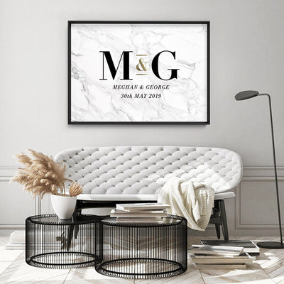Custom Couple Initials. Monogram Marble Design - Art Print, Poster, Stretched Canvas or Framed Wall Art, shown framed in a room