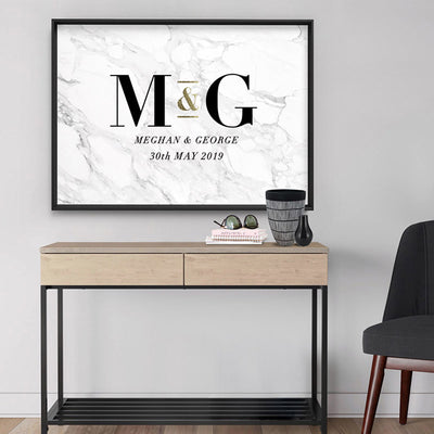 Custom Couple Initials. Monogram Marble Design - Art Print, Poster, Stretched Canvas, or Framed Wall Art Print, shown as a stretched canvas or poster without a frame