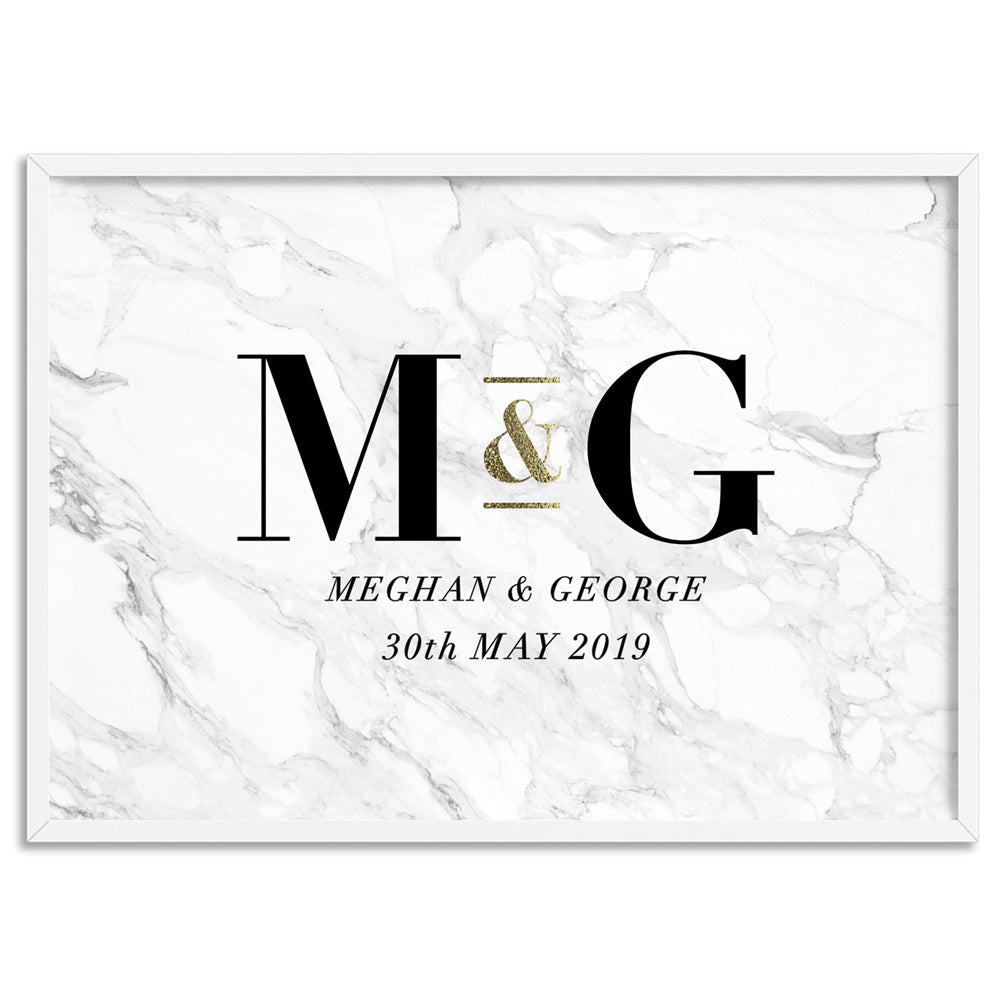 Custom Couple Initials. Monogram Marble Design - Art Print, Poster, Stretched Canvas, or Framed Wall Art Print, shown in a white frame
