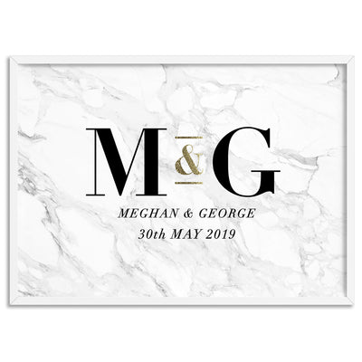 Custom Couple Initials. Monogram Marble Design - Art Print, Poster, Stretched Canvas, or Framed Wall Art Print, shown in a white frame
