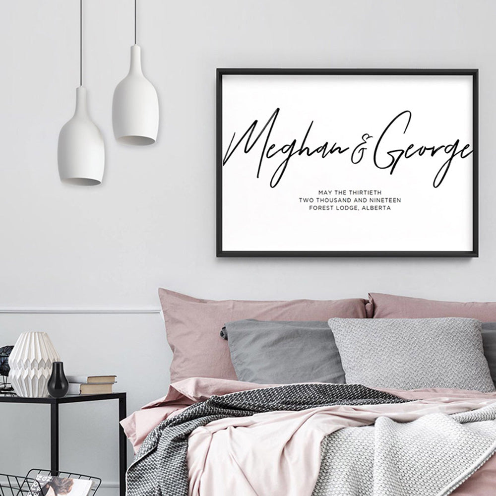 Custom Couple Names in Script - Art Print, Poster, Stretched Canvas, or Framed Wall Art Print, shown as a stretched canvas or poster without a frame