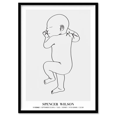 Custom Baby Birth Print - Line Art Style | 50x70cm (20x28" in USA), Poster, Stretched Canvas, or Framed Wall Art Print, shown in a black frame