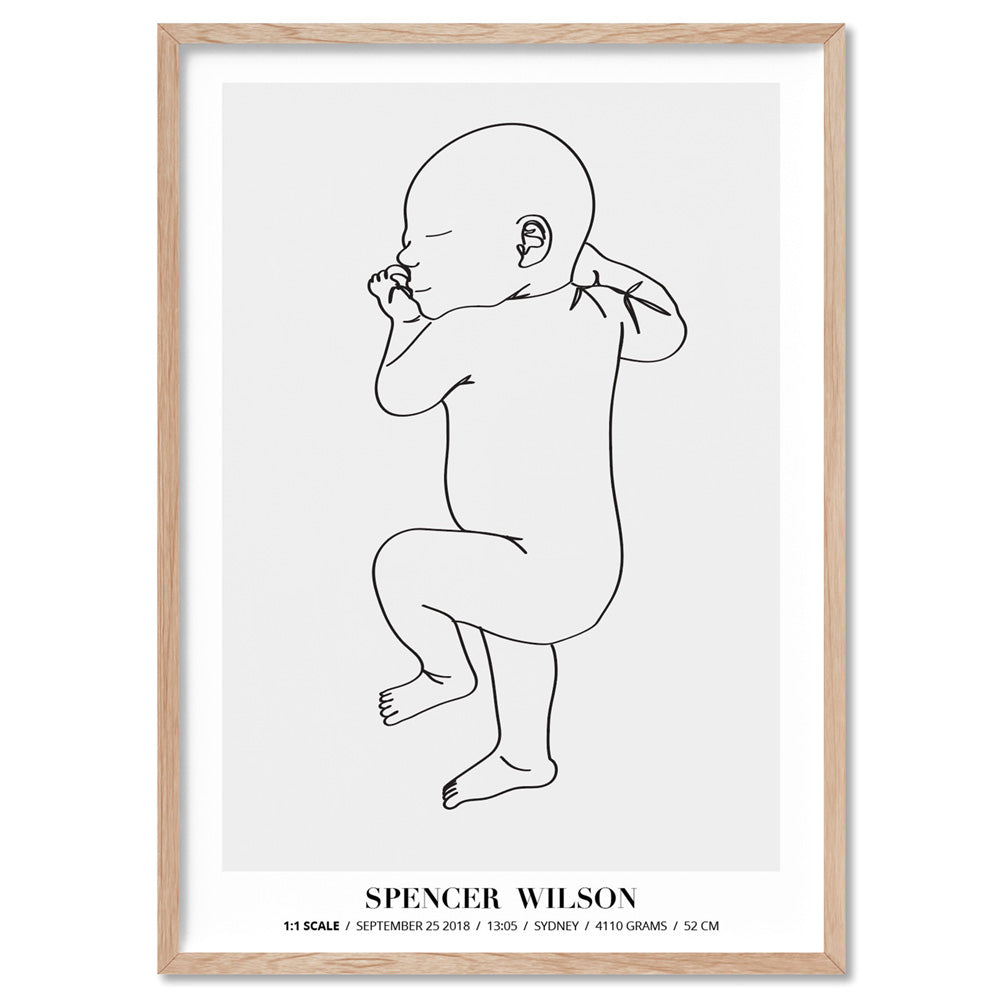Custom Baby Birth Print - Line Art Style | 50x70cm (20x28" in USA), Poster, Stretched Canvas, or Framed Wall Art Print, shown in a natural timber frame