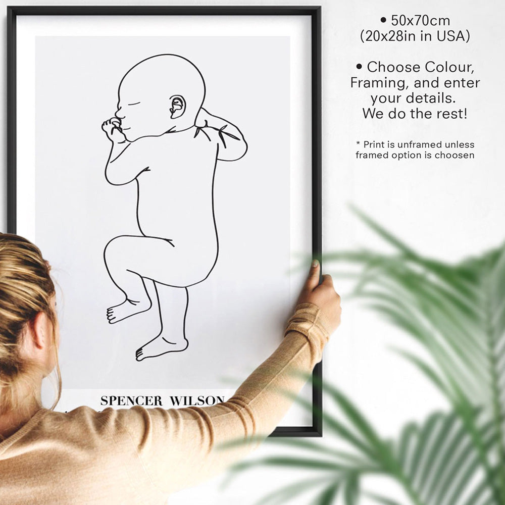 Custom Baby Birth Print - Line Art Style | 50x70cm (20x28" in USA), Poster, Stretched Canvas or Framed Wall Art, shown framed in a home interior space