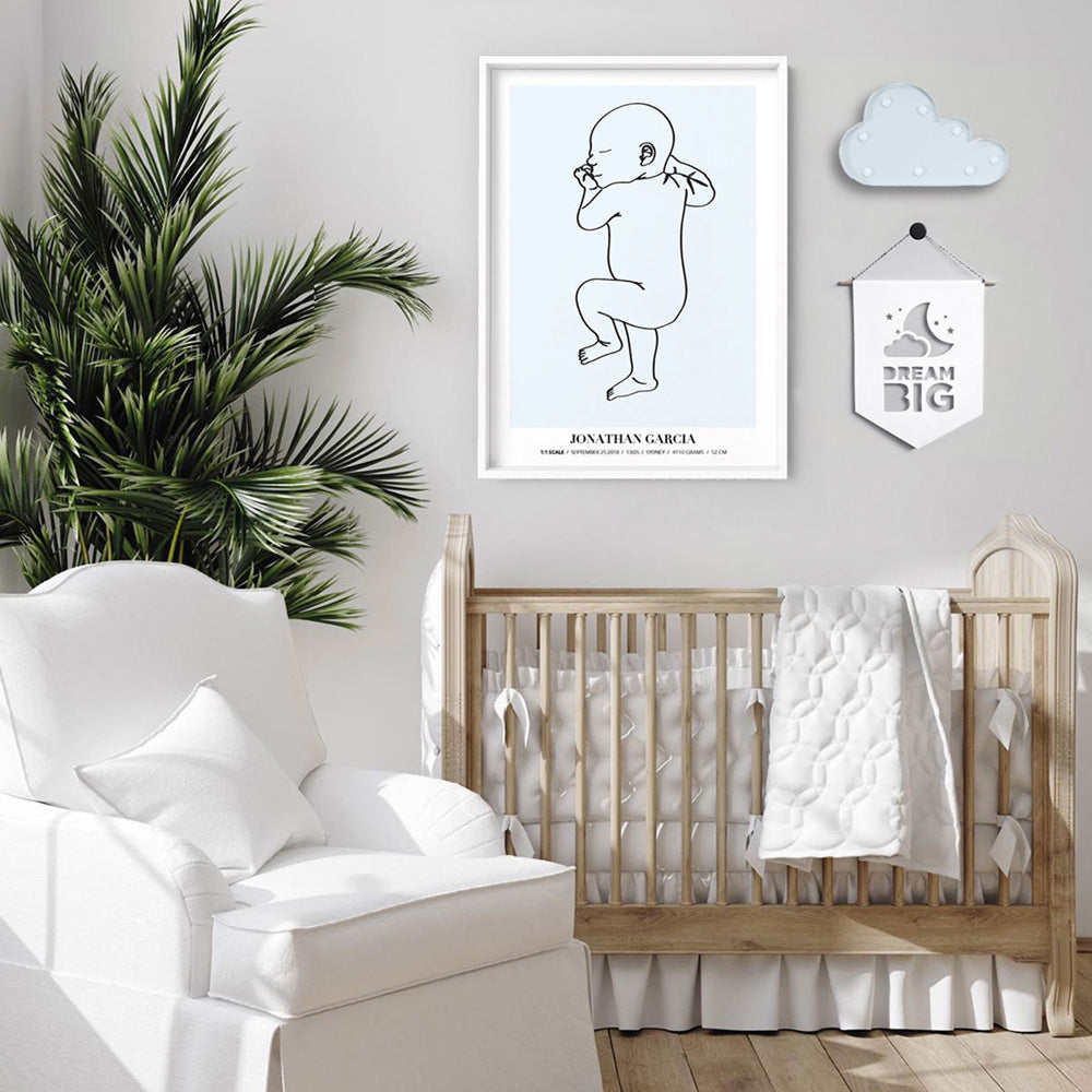 Custom Baby Birth Print - Line Art Style | 50x70cm (20x28" in USA), Poster, Stretched Canvas or Framed Wall Art, Close up View of Print Resolution