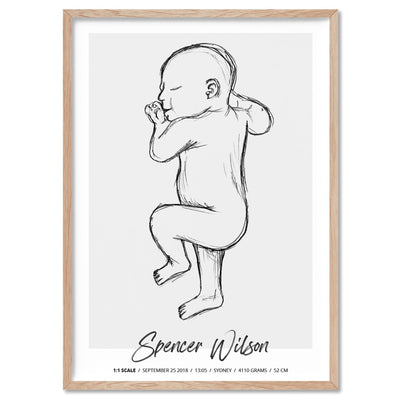 Custom Baby Birth Print - Sketched Style | 50x70cm (20x28" in USA), Poster, Stretched Canvas, or Framed Wall Art Print, shown in a natural timber frame