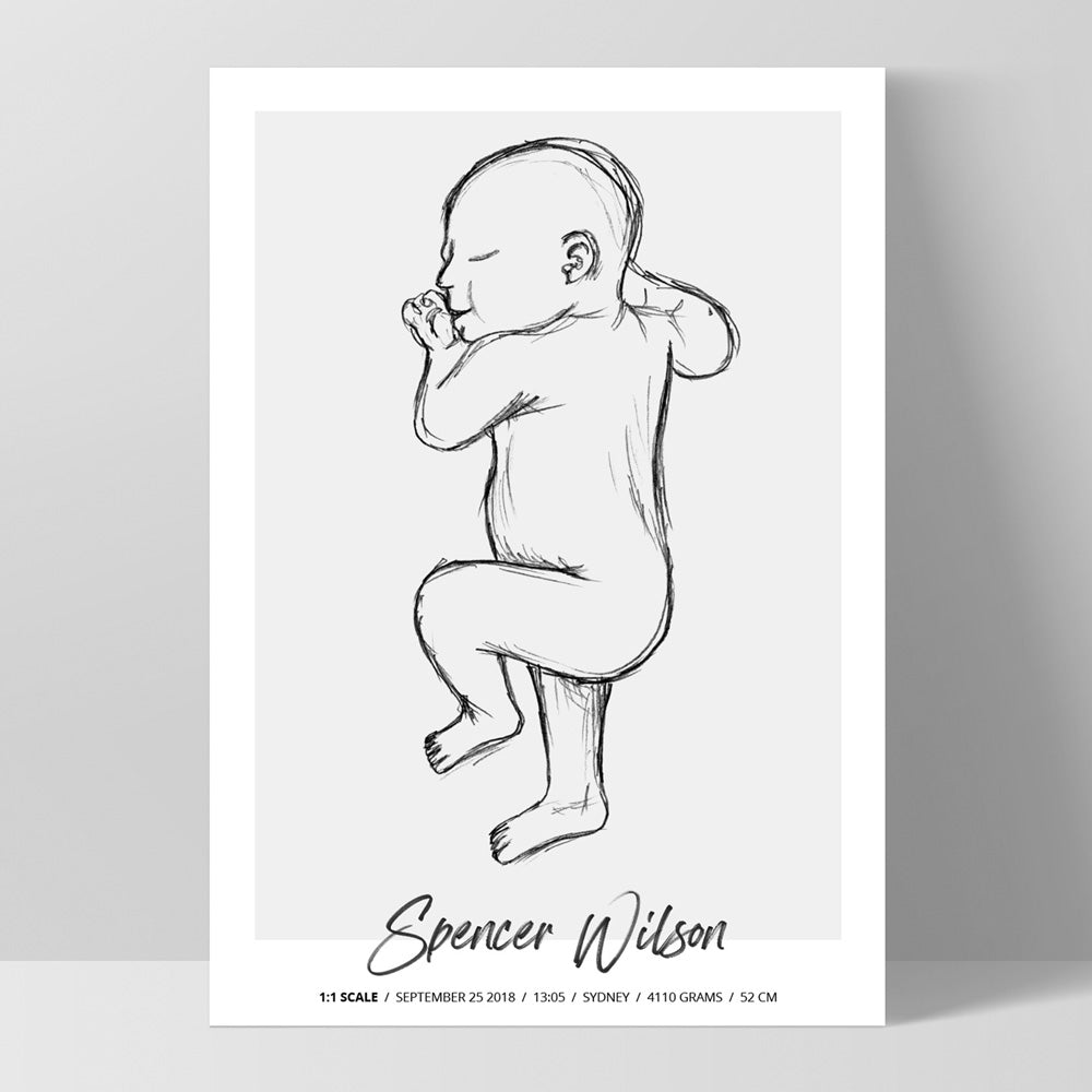Custom Baby Birth Print - Sketched Style | 50x70cm (20x28" in USA), Poster, Stretched Canvas, or Framed Wall Art Print, shown as a stretched canvas or poster without a frame