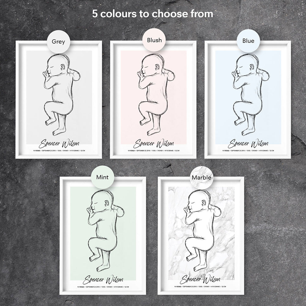 Custom Baby Birth Print - Sketched Style | 50x70cm (20x28" in USA), Poster, Stretched Canvas or Framed Wall Art, shown framed in a room