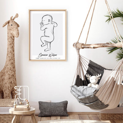 Custom Baby Birth Print - Sketched Style | 50x70cm (20x28" in USA), Poster, Stretched Canvas or Framed Wall Art, Close up View of Print Resolution