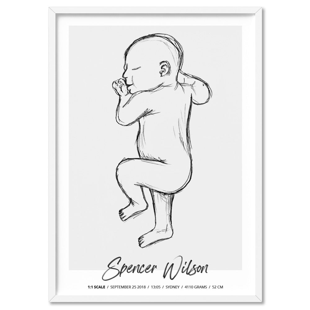 Custom Baby Birth Print - Sketched Style | 50x70cm (20x28" in USA), Poster, Stretched Canvas, or Framed Wall Art Print, shown in a white frame