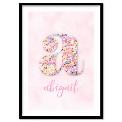 Custom Kids Pastel Sprinkles | Initial & Name  - Art Print, Poster, Stretched Canvas, or Framed Wall Art Print, shown in a natural timber frame
