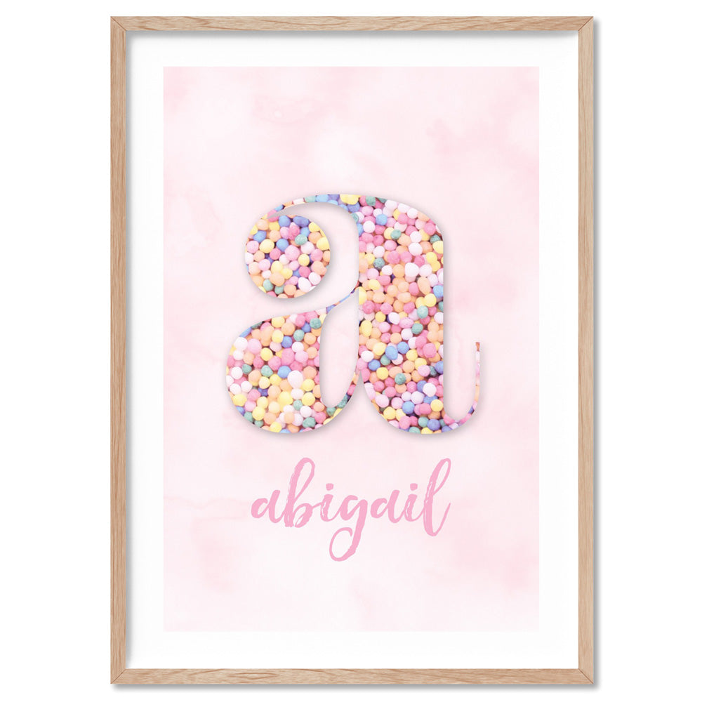 Custom Kids Pastel Sprinkles | Initial & Name  - Art Print, Poster, Stretched Canvas or Framed Wall Art, shown framed in a home interior space