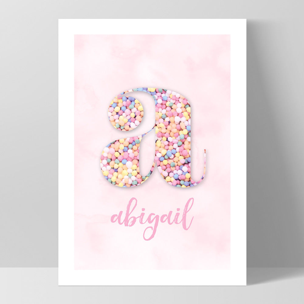 Custom Kids Pastel Sprinkles | Initial & Name  - Art Print, Poster, Stretched Canvas, or Framed Wall Art Print, shown in a black frame