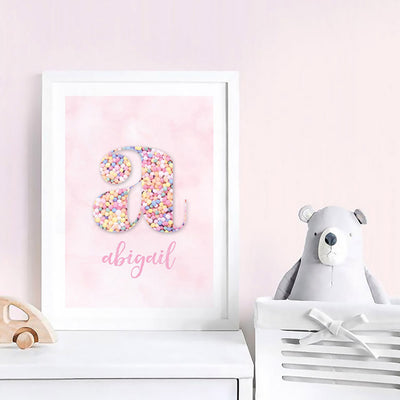 Custom Kids Pastel Sprinkles | Initial & Name  - Art Print, Poster, Stretched Canvas or Framed Wall Art, shown framed in a room