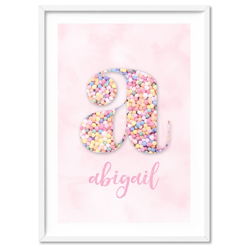 Custom Kids Pastel Sprinkles | Initial & Name  - Art Print, Poster, Stretched Canvas, or Framed Wall Art Print, shown in a white frame