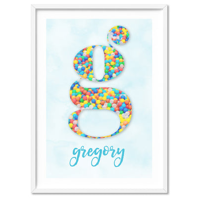 Custom Kids Bright Sprinkles | Initial & Name  - Art Print, Poster, Stretched Canvas, or Framed Wall Art Print, shown in a white frame