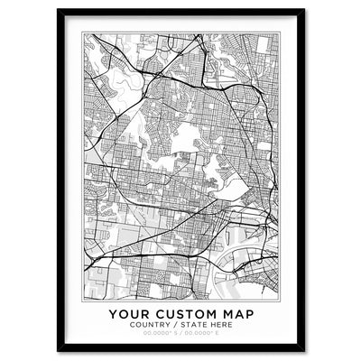 Custom Personalised Map, Location & Colour of Your Choice - Art Print, Poster, Stretched Canvas, or Framed Wall Art Print, shown in a black frame