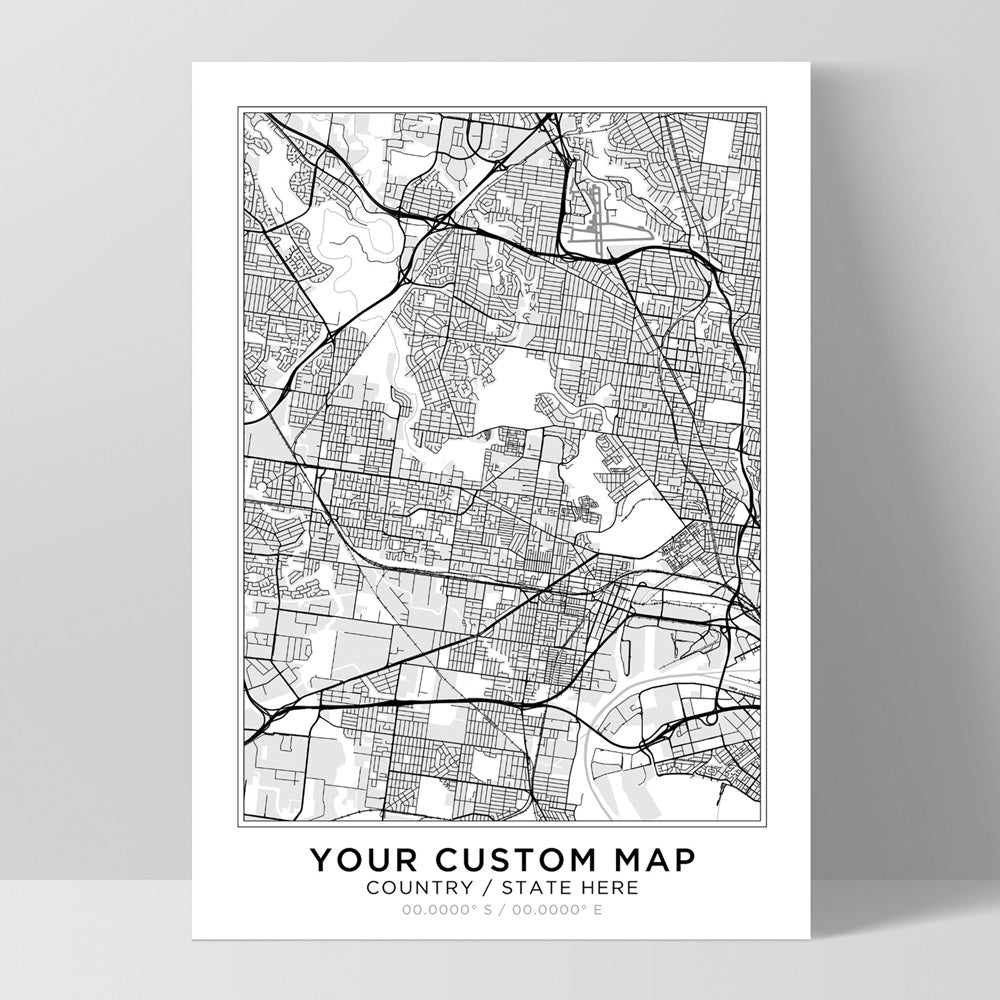 Custom Personalised Map, Location & Colour of Your Choice - Art Print, Poster, Stretched Canvas, or Framed Wall Art Print, shown in a black frame