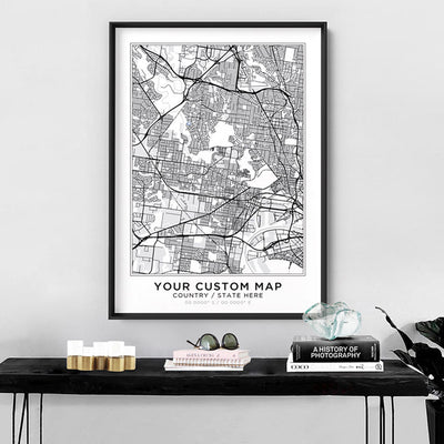 Custom Personalised Map, Location & Colour of Your Choice - Art Print, Poster, Stretched Canvas or Framed Wall Art, shown framed in a room