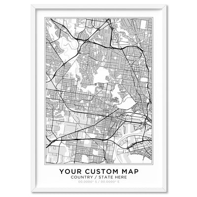 Custom Personalised Map, Location & Colour of Your Choice - Art Print, Poster, Stretched Canvas, or Framed Wall Art Print, shown in a white frame