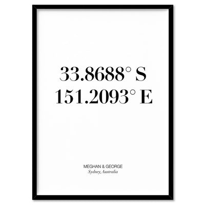 Custom Personalised GPS Coordinates - Art Print, Poster, Stretched Canvas, or Framed Wall Art Print, shown in a natural timber frame