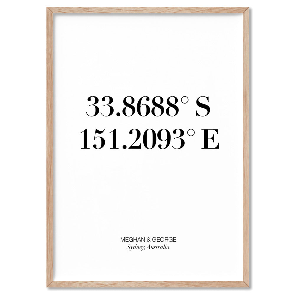Custom Personalised GPS Coordinates - Art Print, Poster, Stretched Canvas or Framed Wall Art, shown framed in a home interior space