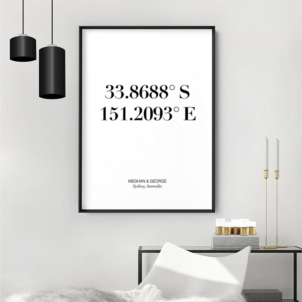 Custom Personalised GPS Coordinates - Art Print, Poster, Stretched Canvas or Framed Wall Art, shown framed in a room