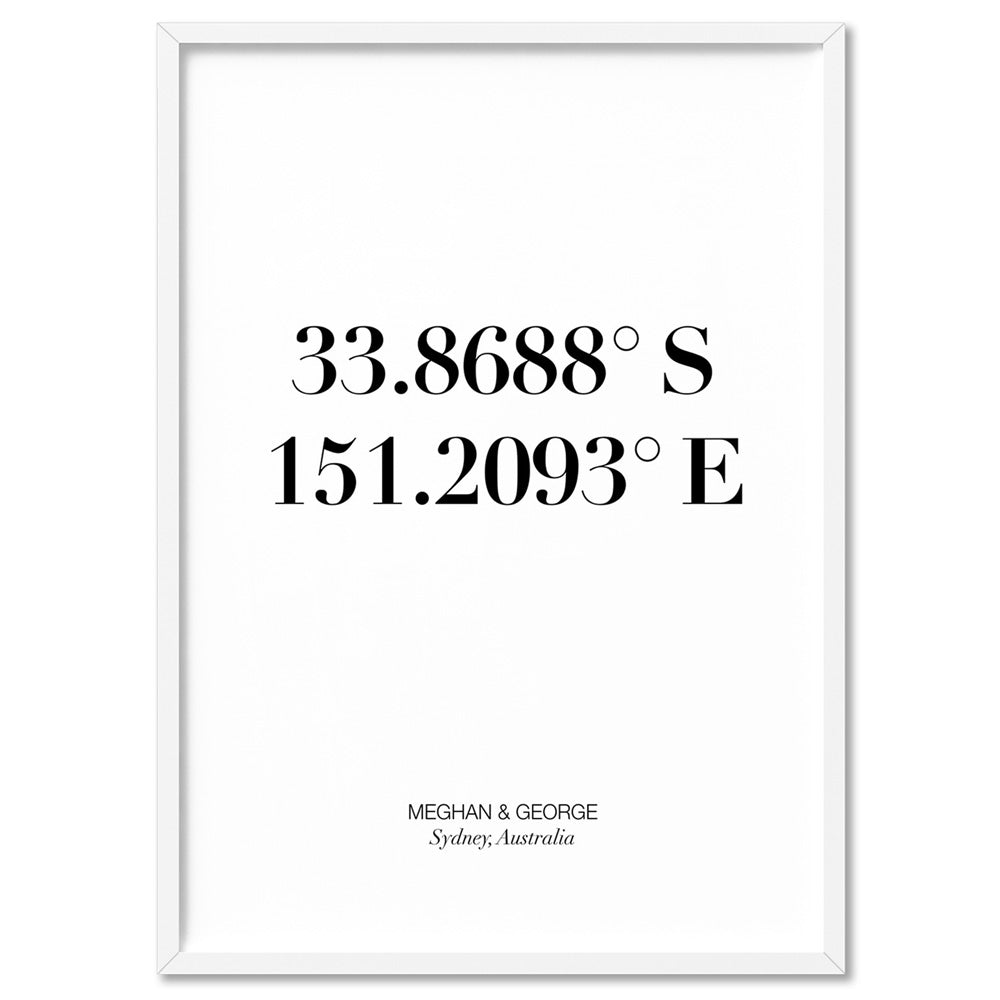 Custom Personalised GPS Coordinates - Art Print, Poster, Stretched Canvas, or Framed Wall Art Print, shown in a white frame