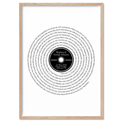 Custom Lyrics Vinyl Record Style. First Dance Song - Art Print, Poster, Stretched Canvas, or Framed Wall Art Print, shown in a natural timber frame