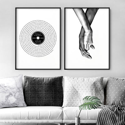 Custom Lyrics Vinyl Record Style. First Dance Song - Art Print, Poster, Stretched Canvas, or Framed Wall Art Print, shown as a stretched canvas or poster without a frame