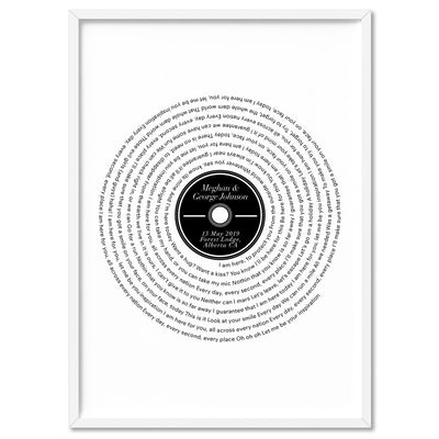 Custom Lyrics Vinyl Record Style. First Dance Song - Art Print, Poster, Stretched Canvas, or Framed Wall Art Print, shown in a white frame