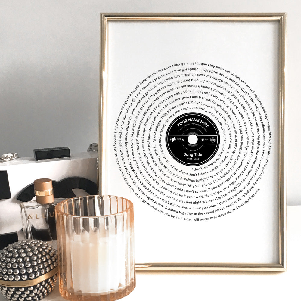 Custom Lyrics Vinyl Record Style. Favourite Song - Art Print, Poster, Stretched Canvas or Framed Wall Art, shown framed in a room