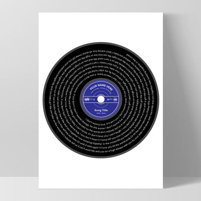 Custom Lyrics Vinyl Record Style. Favourite Song | Black + Your Colour - Art Print, Poster, Stretched Canvas, or Framed Wall Art Print, shown in a black frame