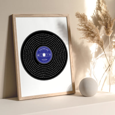 Custom Lyrics Vinyl Record Style. Favourite Song | Black + Your Colour - Art Print, Poster, Stretched Canvas or Framed Wall Art, shown framed in a room